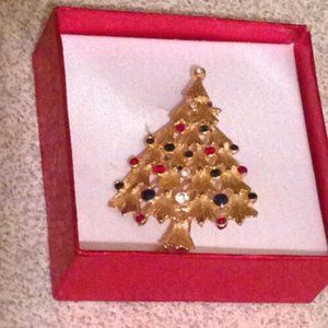Gold Christmas Tree Rhinestone Brooch / Pin